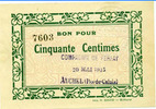 Numismatique des mines 50 centimes AUCHEL, Compagnie de Ferfay, 50 centimes, 20 Mai 1915, P.62.17 Q.NEUF -