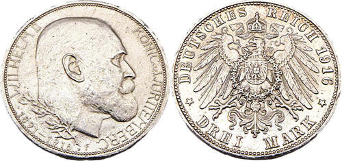 Kaiserreich Württemberg 3 Mark 1916 F 25. Jahrestag - Herrschaft von Wilhelm II,J.178 gutes EF,