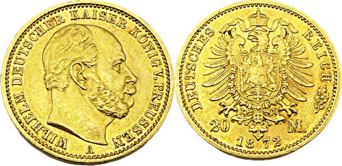 Kaiserreich Preußen 20 Mark Wilhelm II. Deutscher Kaiser König von Preussen, J.243, 1872 A gutes VF+
