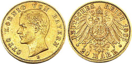 Kaiserreich Bayern 20 Mark Otto könig von Bayern,J.200, 1905 D VF-EF