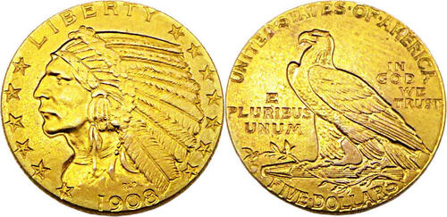 Vereinigte Staaten / USA 1908 Indian Head 5 Dollar EF / BU