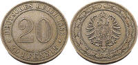 Kaiserreich Deutschland 20 Pfennig 20 Pfennig, Kleiner, gestreckter Reichsadler mit dem Kopf nach links,J.6 -