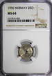 25 Øre NORWAY Haakon VII 1950  Last Year NGC MS64 TOP GRADE KM# 384 (083)