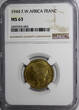 Mauritania 1 Franc French West Africa Aluminum-Bronze 1944-L  NGC MS63 Laureate Head KM#2(0)