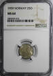 Norway Olav V Copper-Nickel 1959 25 Ore NGC MS64 BETTER DATE KM# 407 (190)