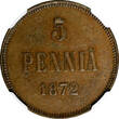 5 Pennia FINLAND ALEXANDER II 1872  NGC AU53 BN BETTER DATE SCARCE KM# 4.2 (023)
