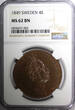 4 Skilling Sweden Oscar I 1849  Banco 37.2 mm 1st Year NGC MS62 BN KM# 672 (002)