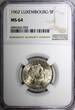 5 Francs LUXEMBOURG Charlotte 1962  NGC MS64 1 Year Type KM# 51 (003)