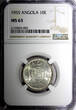 10 Escudos ANGOLA Portuguese Colony Silver 1955  NGC MS63 KM# 73 (002)