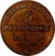 Germany 3 Pfennig German States PRUSSIA Wilhelm I 1872-B  Nice Toning UNC KM# 482(10 282)
