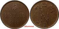 5 Pennia Finland Russian Nicholas II Copper 1911  Choice XF Condition KM# 15(09) Uncertified