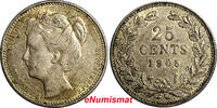 Netherlands 25 Cents Netherlands Wilhelmina I Silver 1905 Better Date Toned 19mm KM#120.2(6) -
