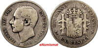 Spain Peseta Spain Alfonso XII Silver 1885 (85) MS-M RARE KEY DATE KM# 686 (9018) -