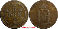 Bronze Sweden Oscar II  1880/7 5 Ore Overdate Mintage-403,000 RARE KM#736 (6283) Uncertified