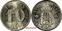 10 Öre SWEDEN Oscar II Silver 1907 EB  UNC Condition 1 YEAR TYPE KM# 774 (10 524)