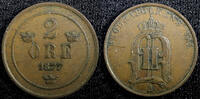Sweden Oscar II Copper 1877 2 Ore 1st Year Type KM# 746  (23 137) Uncertified