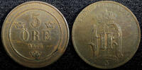 Bronze Sweden Oscar II  1878 5 Ore Mintage-364,000 SCARCE DATE KM# 736 (23 174) Uncertified