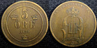 5 Öre Sweden Oscar II Bronze 1879  Small Letters RARE DATE KM# 736 (23 175) Uncertified