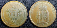 Sweden Bronze SWEDEN Oscar II 1901 2 Ore Large Letters KM# 746 (23 112) -