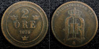 Sweden Ore Sweden Oscar II Copper 1876/5 2 Ore OVERDATE SCARCE KM# 735 (23 117) -