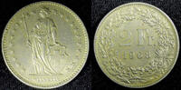 Switzerland 2 Francs SWITZERLAND Copper-Nickel 1968 1st Year Type KM# 21a.1 (23 365) -