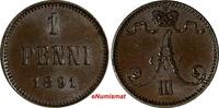 1 Penni Finland Alexander III Copper 1891  Ch XF KM# 10 (15 020) Uncertified