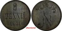 Finland Nicholas II Copper 1901 5 Penniä Toned Mintage-625,000 KM# 15 (17 312) Uncertified