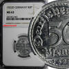 50 Pfennig Germany, Weimar Republic Aluminum 1922 D  NGC MS63 KM# 27 (080)