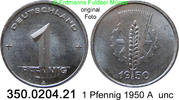 1 Pfennig 1950A DDR Deutschland Ähre auf Zahnrad . 350.0204.21 unc