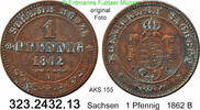 Sachsen Albertinische Linie 1 Pfennig AKS 155 . Johann 1854-1873 . 323.2432.13 -