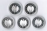 Deutschland 5 x 10 Euro Silber 2003 A D F G J Fußball 5 Münzen, Münzzeichen A D F G J komplett Proof (Proof, PP)