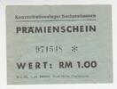 Deutschland/ Lager Sachsenhausen 1 RM Prämienschein Lager Sachsenhausen, 1 RM Prämienschein, Nr. 917858 -