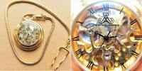 unbek. Herstellungsland, unisex Taschenuhr, zierliche Meisteranker SKELETT - TASCHENUHR, vergoldet, Kette, gute Funktion, -