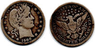 USA Quarter Dollar (25 Cents) Viertel-Dollar Kursmünze 1908 O, Charles E. Barber, Erhaltung siehe Scan! -
