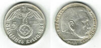 Drittes Reich 5 Reichsmark Drittes Reich, 5 Reichsmark 1938 D, Hindenburg mit HK, 13,89 g 900er Silber! -