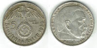 Drittes Reich 5 Reichsmark Drittes Reich, 5 Reichsmark 1936 F, Hindenburg mit HK, 13,89 g 900er Silber! -