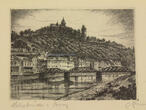 Altena O.J. Gerahmte Radierung / Lennebrücke und Burg / handsigniert 2