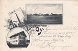 Oy / Mittelberg / Oberallgäu 1898 Ansichtskarte / Postkarte / Gruss aus Oy. / Schulhaus. / Kriegerdenkmal. / Oy. 2-3