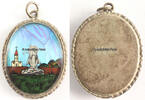 Brasilien Brosche / Blauer Morpho Schmetterling-Flügel / Madonna mit Kirche -