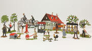  um 1900 Deutsches Reich 22 Zinnfiguren / handbemalt / Haus, Fahrradfahrer, Tiere, Kinder, Bäume... 2-3