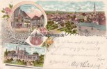 Unna Litho/Grüsse aus Unna./Marktplatz. Denkmal./Total./Badehaus-Königsborn.  1907 2-3