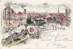 Unna Litho/Gruss aus Unna./Marktplatz. Denkmal./Total./Badehaus-Königsborn.  1899 2-3