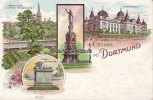 Dortmund Litho/Gruss aus Dortmund/Vehmlinde mit Petri-Nicolai-Kirche/Krieger-Denkmal...  1899 2-3