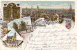 Rheydt Litho/Gruss aus Rheydt/Wappen-der Stadt-Rheydt/Rathaus/Bismark-Denkmal/Denkmal..  1899 2