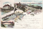 1896 Litho/Gruss aus Kiel. / Seegarten-Schlossbrücke mit Hafen. / Kriegsschiff. / Schloss. . 3