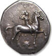 ANCIENT GREECE AR silver stater circa 302 B.C. CALABRIA, Tarentum, struck under magistrates Sa... and Kon... ZF+ / EF-beautiful dark steelgrey toning, hints of