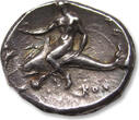 ANCIENT GREECE AR silver stater circa 302 B.C. CALABRIA, Tarentum, struck under magistrates Sa... and Kon... ZF+ / EF-beautiful dark steelgrey toning, hints of