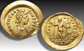 ROMAN EMPIRE AV gold tremissis circa 408-420 A.D. Theodosius II, Constantinople mint - VICTORIA AVGVSTORVM - ZF+ / EF-minor graffiti on obverse r...