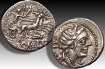 ROMAN REPUBLIC AR silver denarius C. Allius Bala, Rome- biga of stags, grasshopper symbol, beauty - -