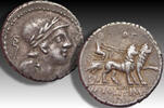 ROMAN REPUBLIC AR silver denarius M. Volteius M.f., Rome mint - rare with these control symbols - -